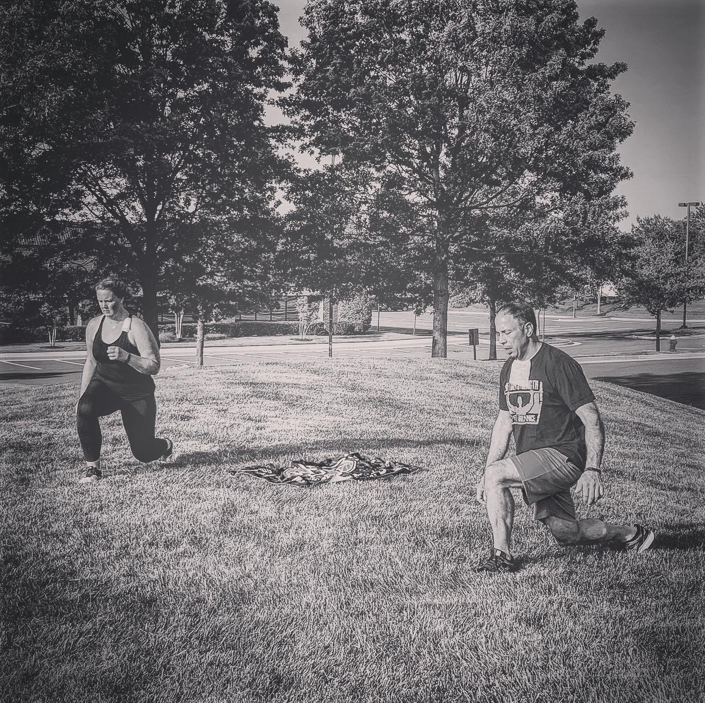 Jim and Jackie performing lunges outside BSP NOVA in Sterling, Virginia