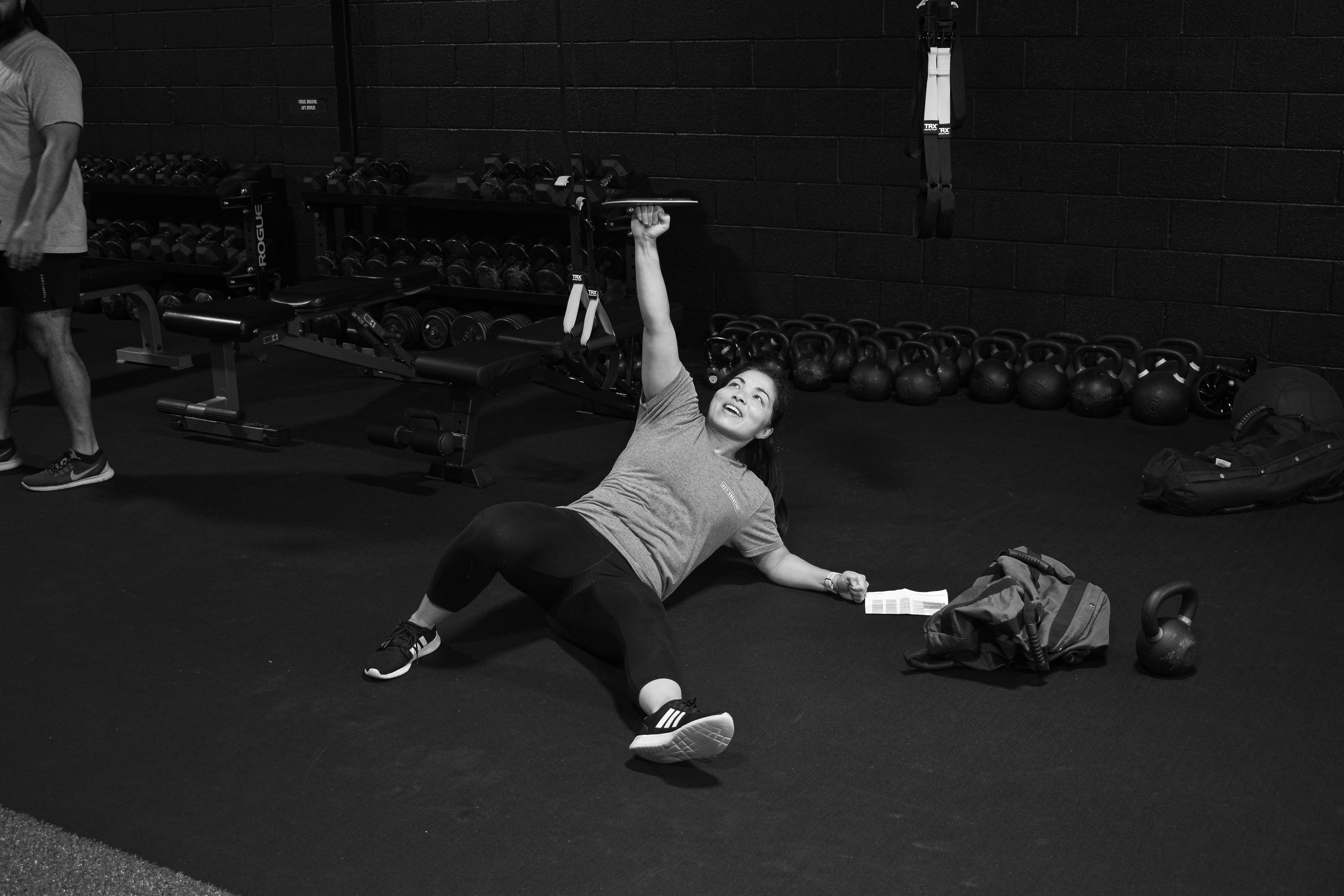 Megan performing a get-up at Beyond Strength in Sterling, VA